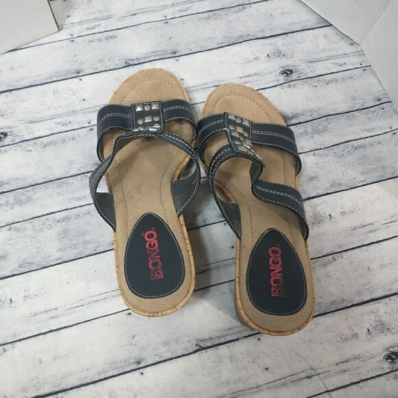 Bongo Platform Wedge Heel Sandals Size7.5, Black Studded Straps, Slip-on - Picture 4 of 8